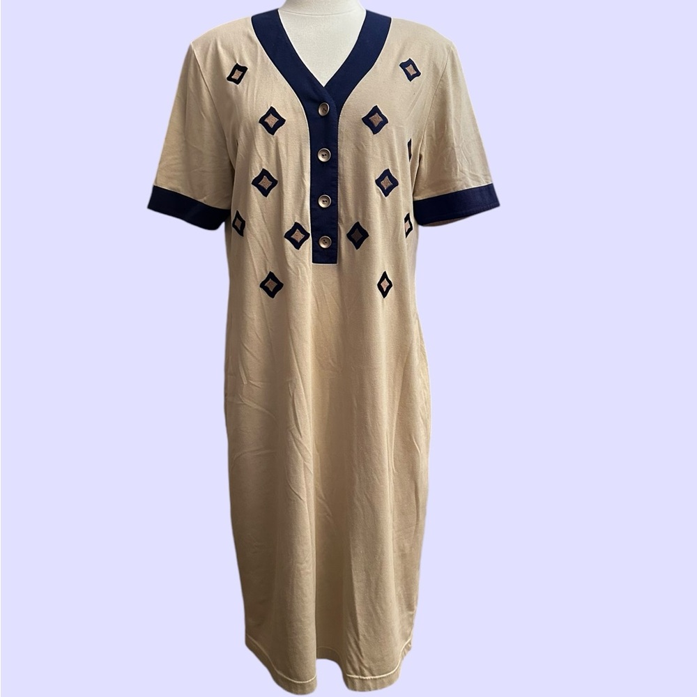 Vintage beige and navy blue embroidered midi dress with v neck‎ and gold buttons